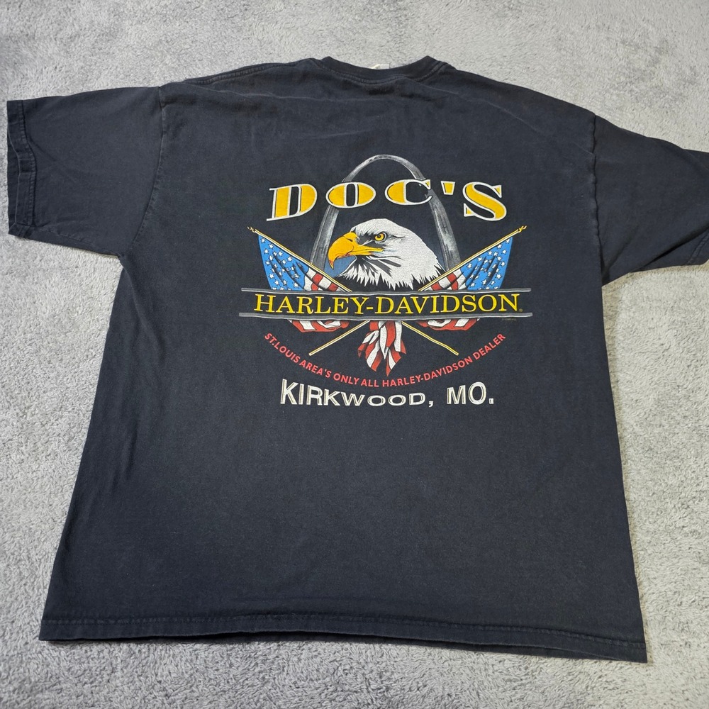 Harley-Davidson Mens XL T-Shirt Black Doc's Kirkwood MO Eagle Arch Pocket Tee